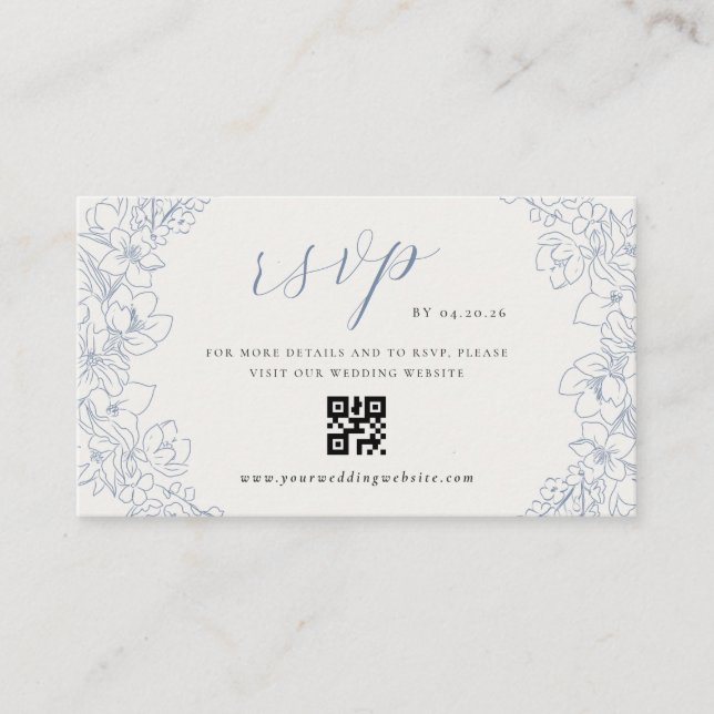 Tarjeta De Recepción Delicate Blue Floral Wedding QR code RSVP (Anverso)