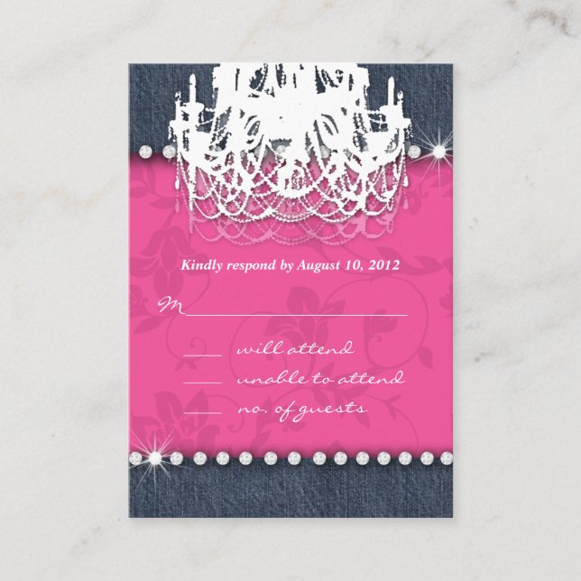 Tarjeta De Recepción Denim Diamond Boda Floral Lámpara Rosa Respuesta (Anverso)