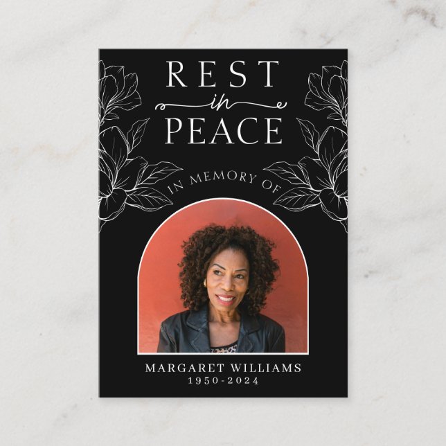 Tarjeta De Recepción Descanse en paz Black Floral Photo Funeral Prayer (Anverso)