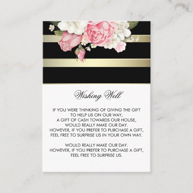 Tarjeta De Recepción Deseando bien franjas florales Gold Negro y Blanco (Anverso)