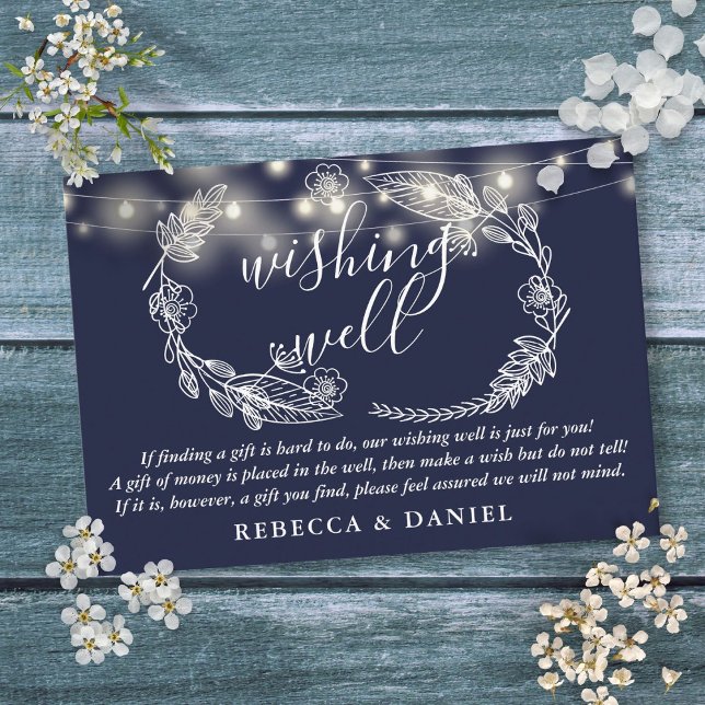 Tarjeta De Recepción Deseando bien String ilumina a Navy Blue Boda (Wishing Well String Lights Navy Blue Wedding Enclosure Card)