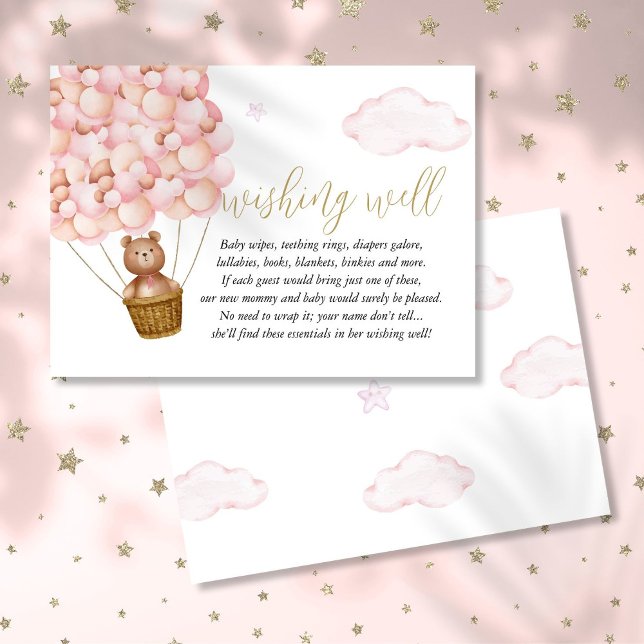 Tarjeta De Recepción Deseando bien Teddy Bear Chica Rosa Baby Shower (Wishing Well Teddy Bear Pink Girl Baby Shower Enclosure Card)
