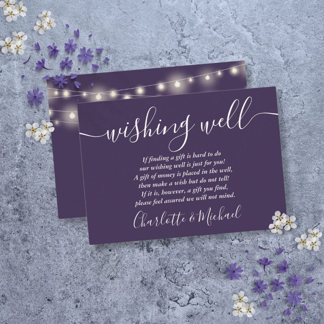 Tarjeta De Recepción Desear Bien String Ilustra Boda Púrpura (Wishing Well String Lights Purple Wedding Enclosure Card)