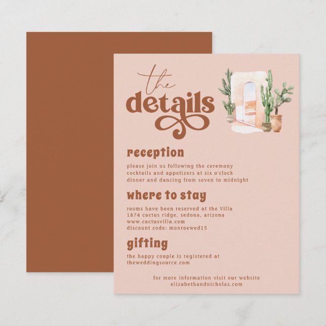 Tarjeta De Recepción Desierto de Boho | Detalles del Boda de Terra Cott (Anverso / Reverso)