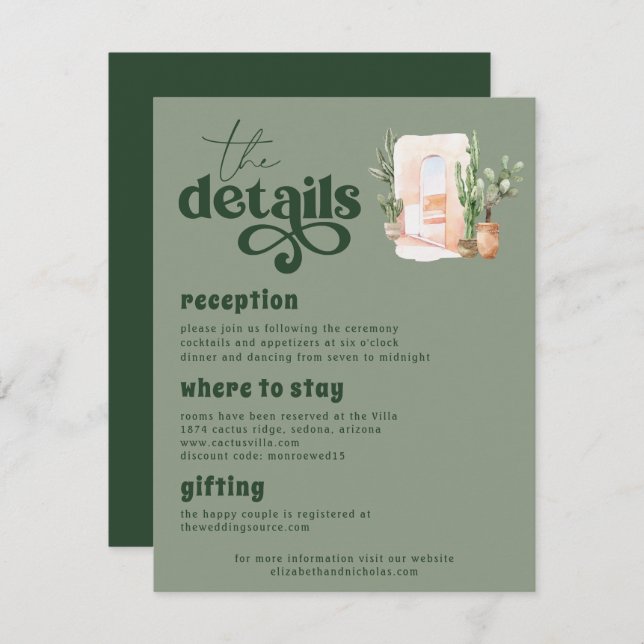 Tarjeta De Recepción Desierto de Boho | Detalles del invitado de Cactus (Anverso / Reverso)