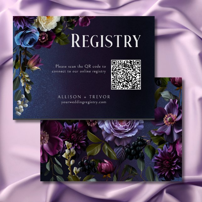 Tarjeta De Recepción Despedida de Soltera Azul Oscuro y Floral Púrpura  (Dark Blue & Purple Floral Moody Bridal Shower Enclosure Card)