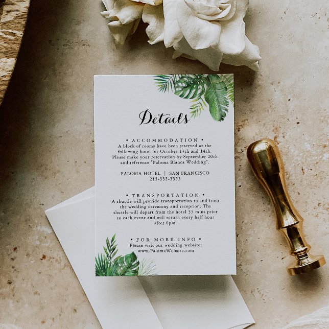 Tarjeta De Recepción Destination Tropical Greenery Wedding Details (Subido por el creador)