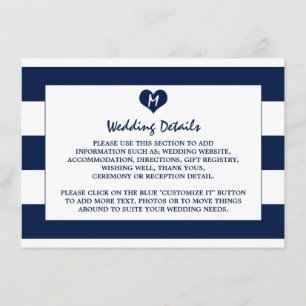 Tarjeta De Recepción Detalle de Boda azul y blanco de la Marina de Moda