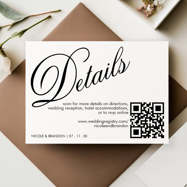 Tarjeta De Recepción Detalle de Boda de código QR elegante en blanco y  (White & Black Elegant QR Code Wedding Detail Enclosure Card)
