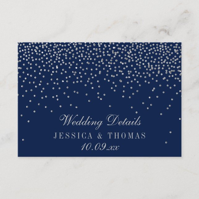 Tarjeta De Recepción Detalle de Boda de confetti azul marino y plata gl (Anverso)