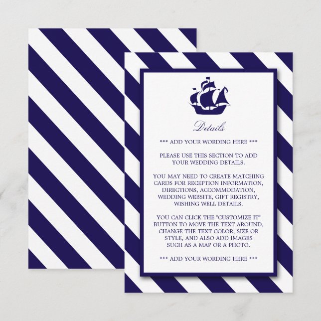 Tarjeta De Recepción Detalle de Boda de franjas náuticas y barcos azule (Anverso / Reverso)