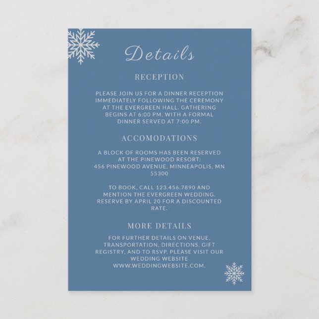 Tarjeta De Recepción Detalle de Boda de Invierno Dusty Blue Silver mini (Anverso)