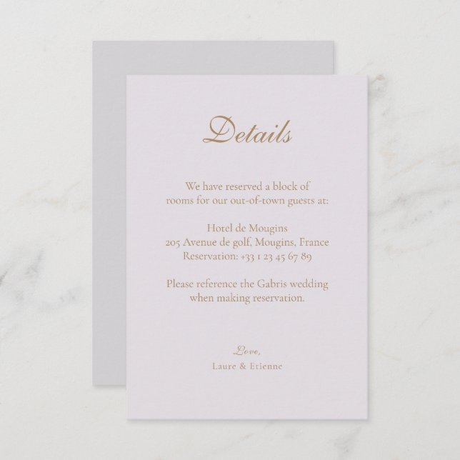 Tarjeta De Recepción Detalle de boda elegante hotel gris lila dorado (Anverso / Reverso)
