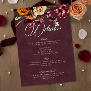 Tarjeta De Recepción Detalle de boda floral otoñal elegante oscuro burg