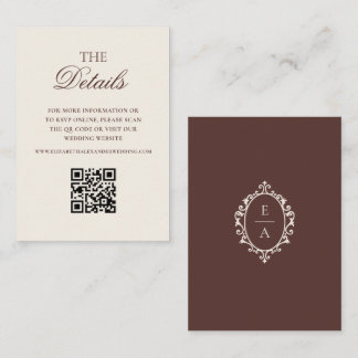 Tarjeta De Recepción Detalle de Boda Óvalo Crest Marrón Código QR