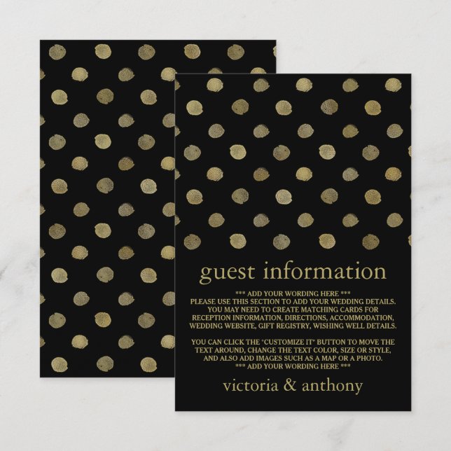 Tarjeta De Recepción Detalle de Bodas de puntos modernos de polka negro (Anverso / Reverso)