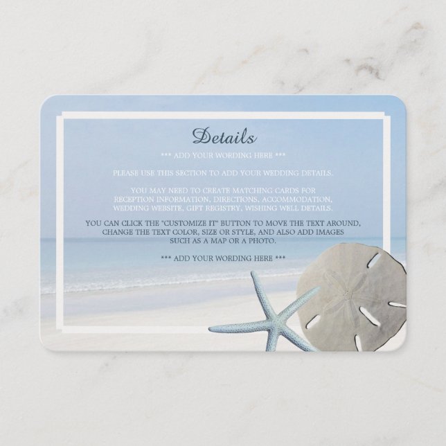 Tarjeta De Recepción Detalle de bodas en la playa de Sand Dollar y Star (Anverso)