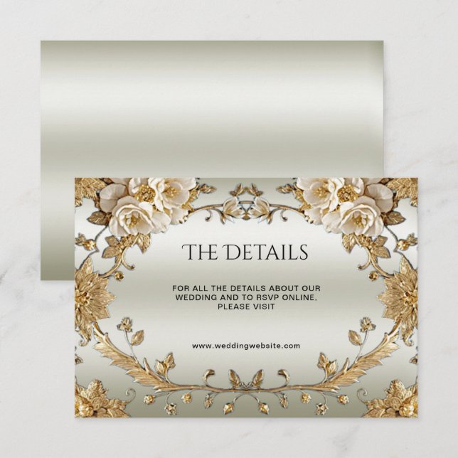 Tarjeta De Recepción Detalle de flores blancas ornadas doradas (Anverso / Reverso)