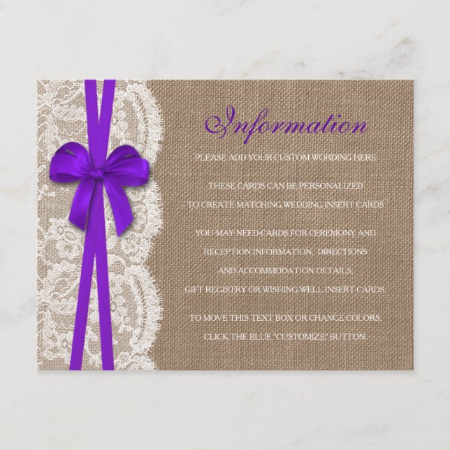 Tarjeta De Recepción Detalle de la colección de Bodas Rustic Purple Bow (Anverso)
