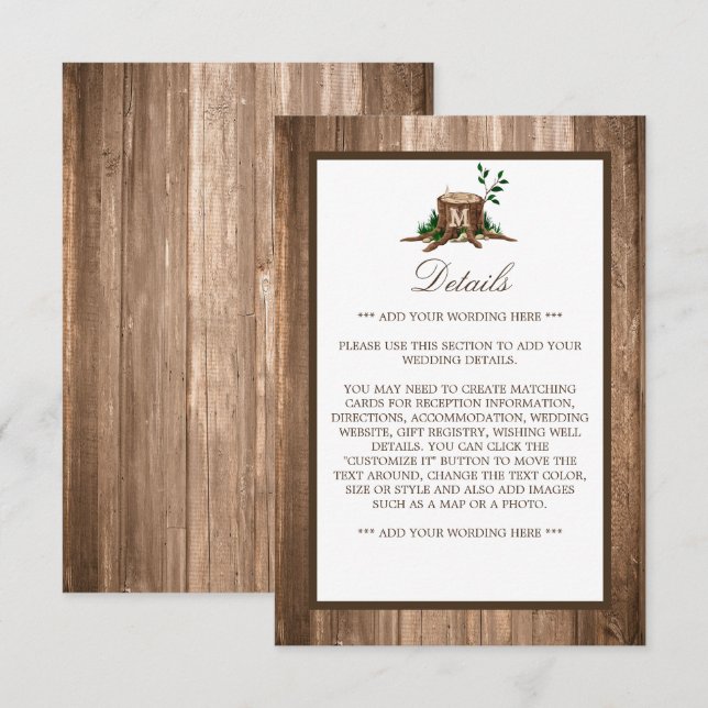 Tarjeta De Recepción Detalle del Boda de árbol y madera de monograma rú (Anverso / Reverso)