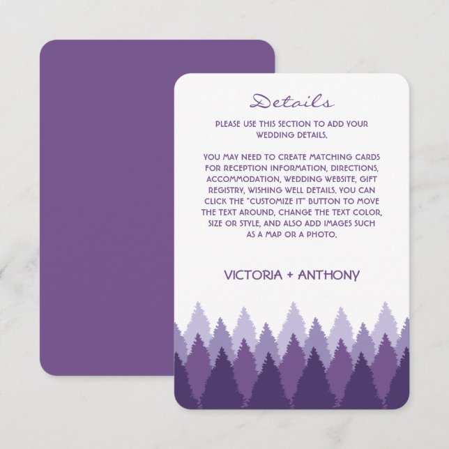 Tarjeta De Recepción Detalle del Boda de bosque de gama de bosques púrp (Anverso / Reverso)