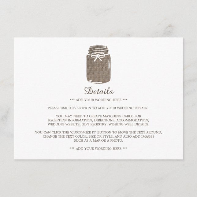 Tarjeta De Recepción Detalle del Boda de Burlap Mason Jar (Anverso)