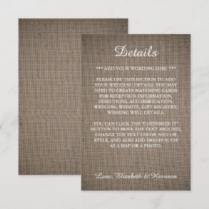 Tarjeta De Recepción Detalle del Boda de Burlap ruso
