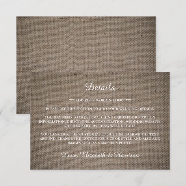 Tarjeta De Recepción Detalle del Boda de Burlap ruso (Anverso / Reverso)