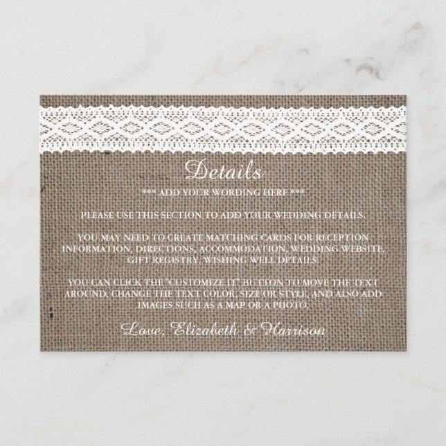 Tarjeta De Recepción Detalle del Boda de encaje blanco rústico Burlap y (Anverso)