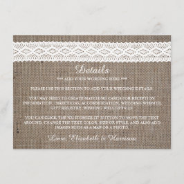 Tarjeta De Recepción Detalle del Boda de encaje blanco rústico Burlap y