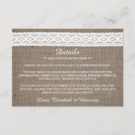 Tarjeta De Recepción Detalle del Boda de encaje blanco rústico Burlap y