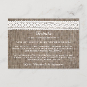 Tarjeta De Recepción Detalle del Boda de encaje blanco rústico Burlap y