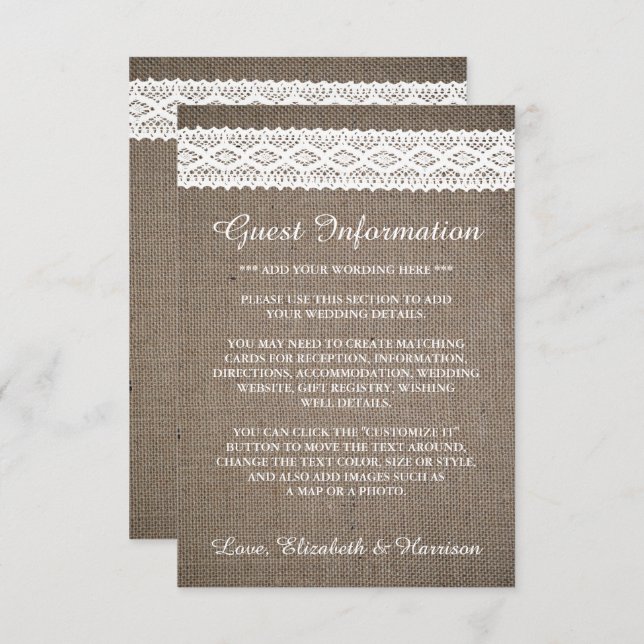 Tarjeta De Recepción Detalle del Boda de encaje blanco rústico Burlap y (Anverso / Reverso)