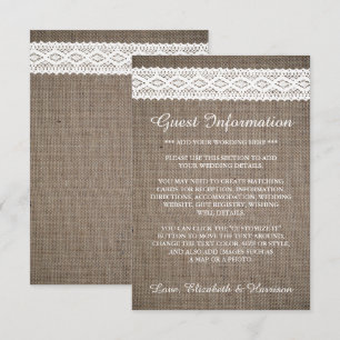 Tarjeta De Recepción Detalle del Boda de encaje blanco rústico Burlap y