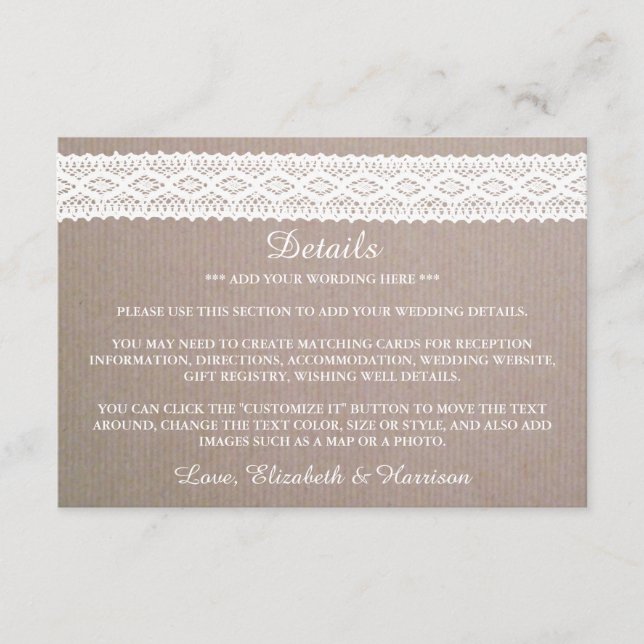Tarjeta De Recepción Detalle del Boda de encaje blanco rustico Kraft y  (Anverso)