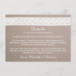 Tarjeta De Recepción Detalle del Boda de encaje blanco rustico Kraft y 