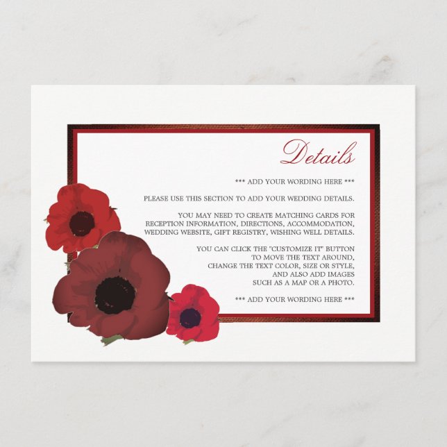 Tarjeta De Recepción Detalle del Boda de los Poppies Rojos y Burlap (Anverso)
