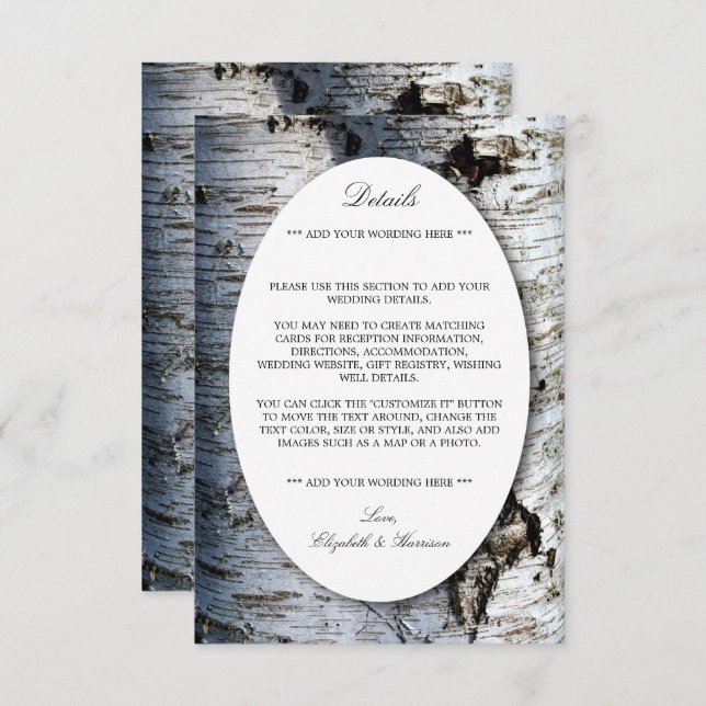Tarjeta De Recepción Detalle del Boda del árbol de birch rústico del pa (Anverso / Reverso)