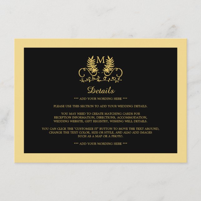 Tarjeta De Recepción Detalle del Boda del emblema floral dorado (Anverso)