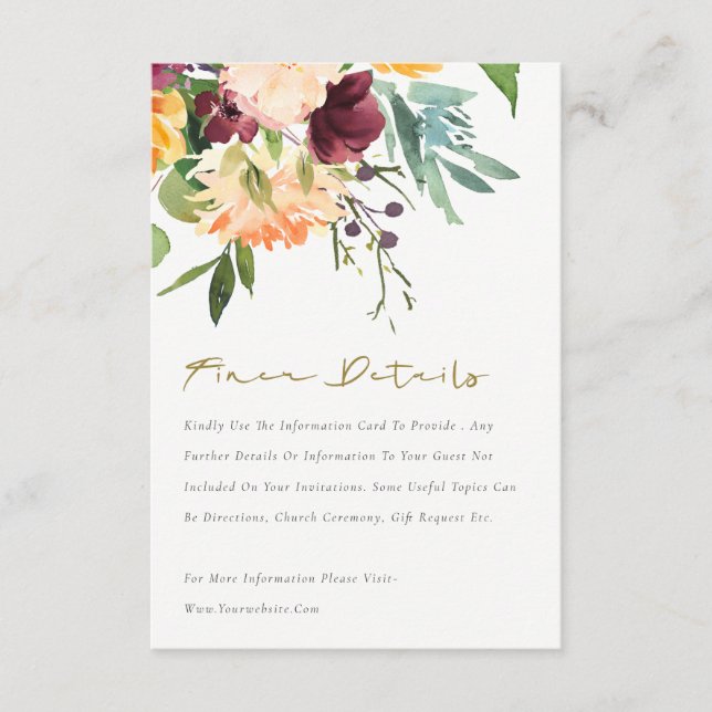 Tarjeta De Recepción Detalle del Boda floral del Naranja amarillo Boho  (Anverso)