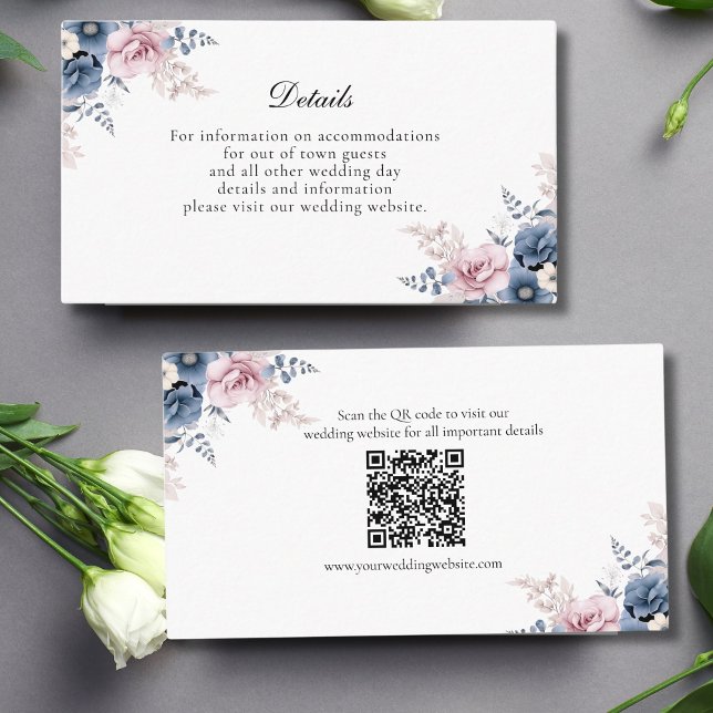Tarjeta De Recepción Detalle del Boda floral rosa Dusty Blue Rubor (Dusty Blue Blush Pink Watercolor Floral Elegant Wedding enclosure card with QR code for website)