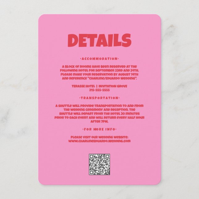 Tarjeta De Recepción Detalle del Boda Groovy Funky de negrita roja rosa (Anverso)