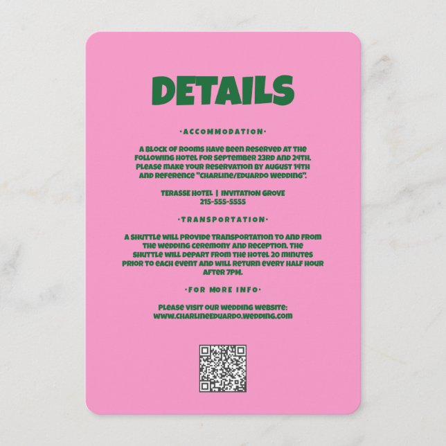 Tarjeta De Recepción Detalle del Boda Groovy Funky de negrita verde ros (Anverso)