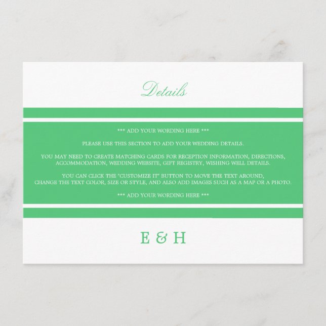 Tarjeta De Recepción Detalle del Boda moderno verde esmeralda (Anverso)