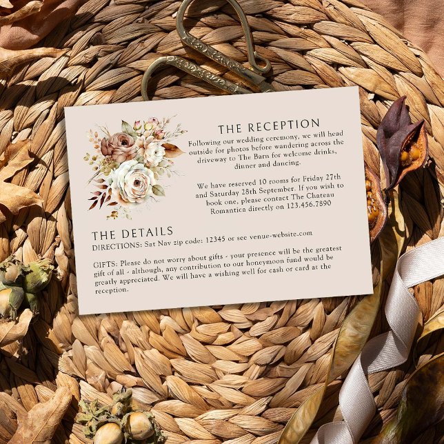 Tarjeta De Recepción Detalle del Boda neutro floral marrón rústico (Wedding details insert card from the Rustic Floral Brown Neutral Wedding Collection by Darling & May)