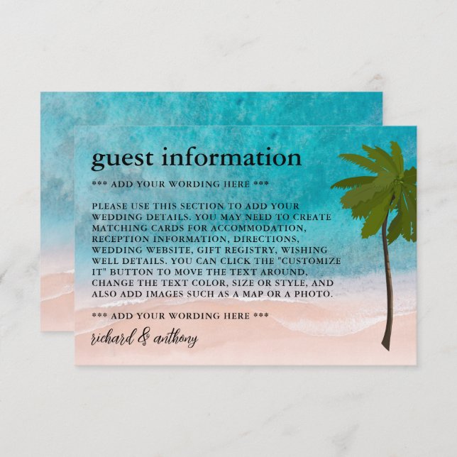 Tarjeta De Recepción Detalle del Boda Ocean Beach Palm Tree (Anverso / Reverso)