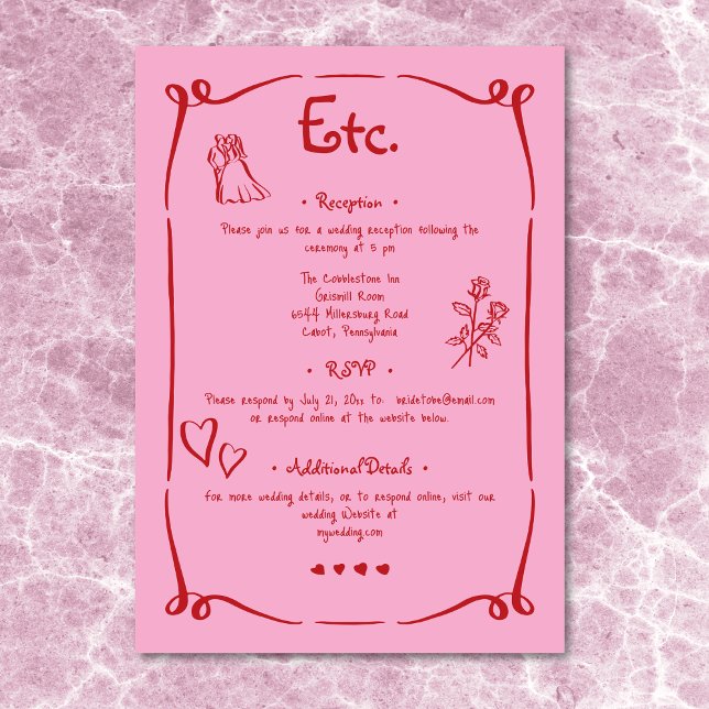 Tarjeta De Recepción Detalle del Boda rojo rosa de la mano retro capric (Whimsical Retro Hand Drawn Pink Red Wedding Detail Enclosure Card)