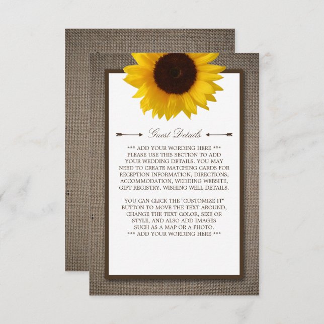 Tarjeta De Recepción Detalle del Boda Rústico del Sunflower & Burlap (Anverso / Reverso)