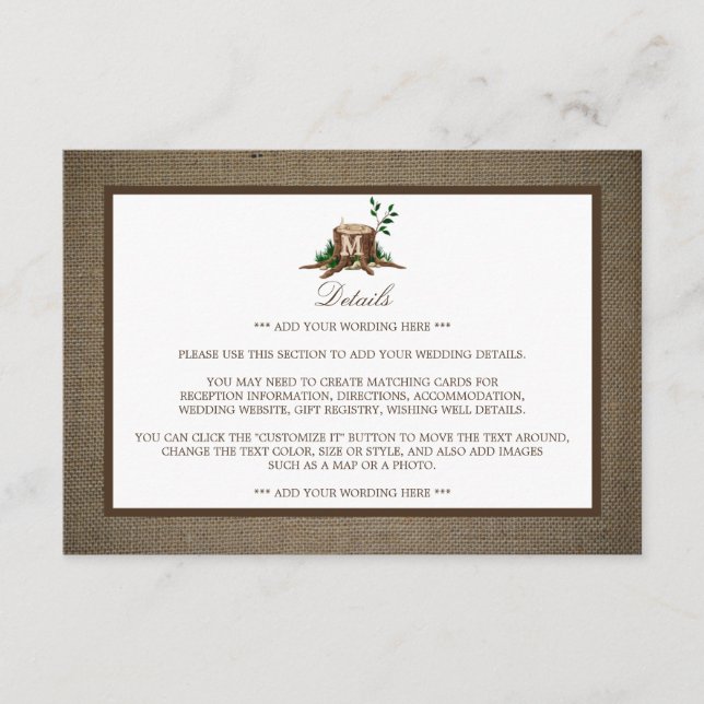 Tarjeta De Recepción Detalle del Boda Rústico Monograma y Burlap (Anverso)