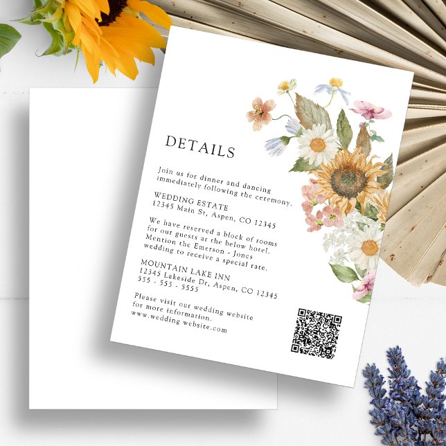 Tarjeta De Recepción Detalle del girasol (Boho Sunflower Wildflowers Floral Detail Enclosure Card QR Code by Painted Paperie
)